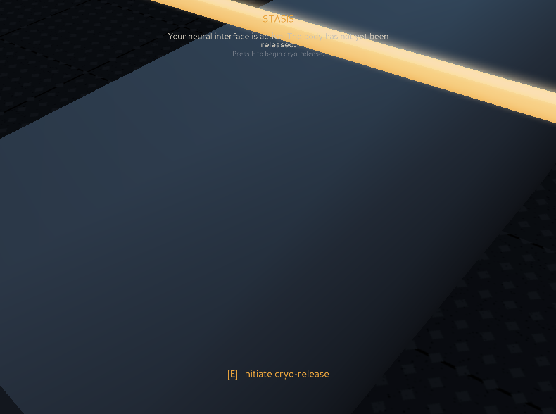 A pilot's stasis pod moments before cryo-release, lit by a single amber warning beam, from the Genesis Prime Online opening sequence.
